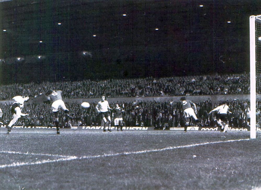 Geoff Bray scoring against Manchester United