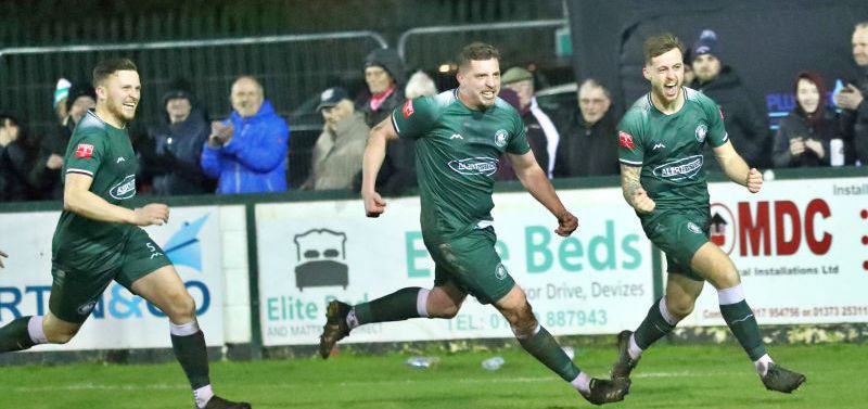 Westbury celebrate Jake Hutchings goal (Photo Westbury United FC)