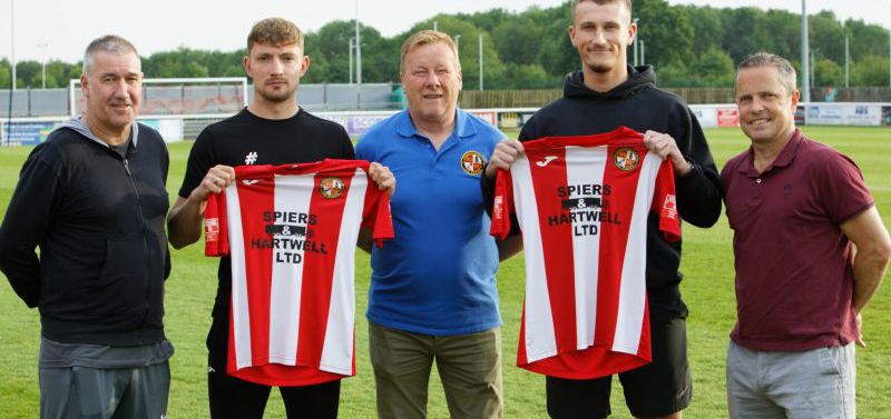 (Photo: Levi Steele and Toby Raison with manager Mike Ford, assistant manager Alex Sykes and vice chairman Ged Bearcroft)